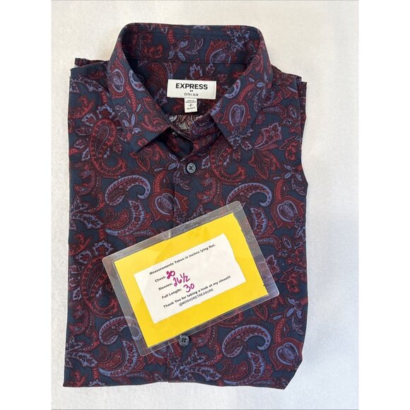 Express Men’s Shirt S Blue Red Floral Extra Slim Button Up Down Long Sleeve - Picture 9 of 9